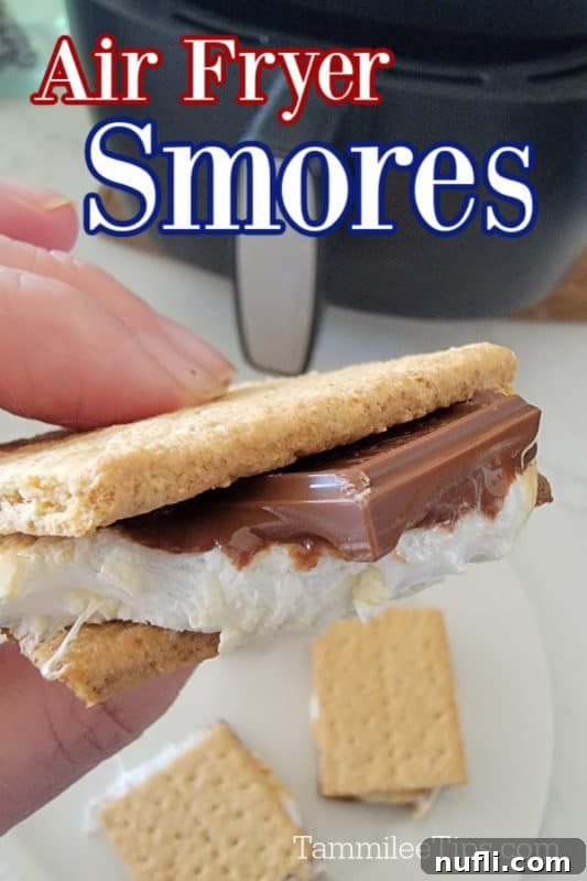 Gooey Air Fryer Smores 2 Deliciously gooey Air Fryer Smores with melted chocolate and perfectly toasted marshmallow, held in front of a sleek air fryer.