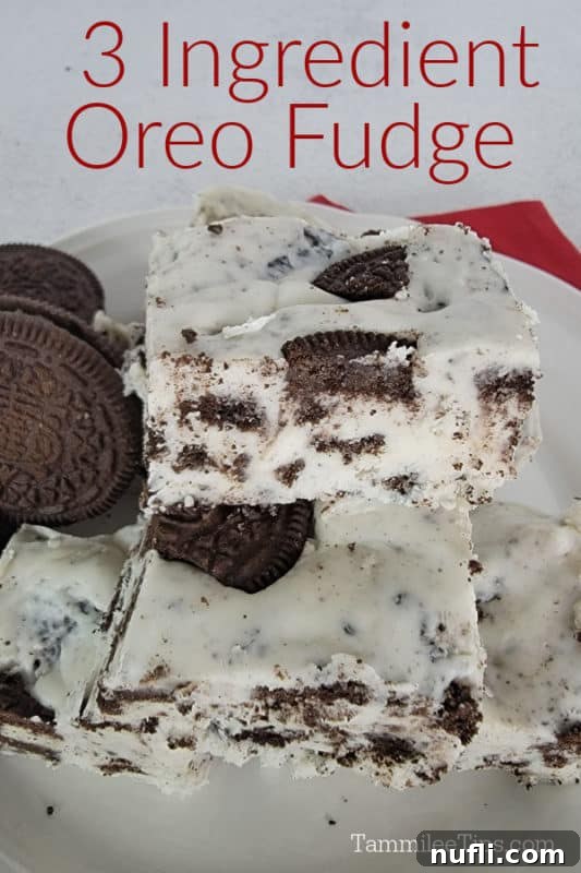 Easy 3-Ingredient Oreo Fudge 2 Delightful squares of 3-ingredient Oreo fudge, perfectly set and ready to enjoy, with whole Oreo cookies scattered around for garnish.