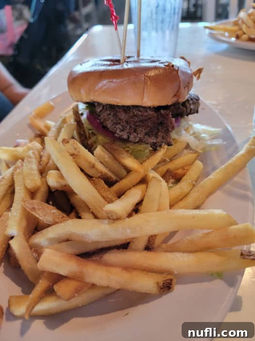 Delicious hamburger and crispy fries served on a white plate
