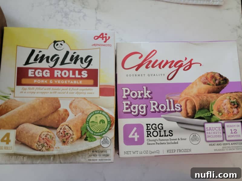 Boxes of Ling Ling Egg Rolls and Chung's Pork Egg Rolls, showcasing popular brands for air frying.