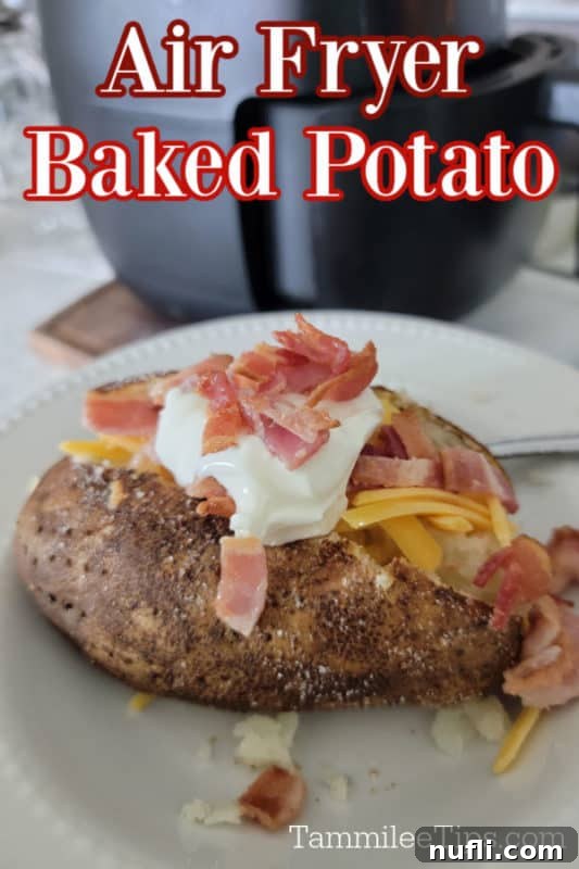 Air Fryer baked potato over a potato with sour cream, bacon, and cheese next to an air fryer