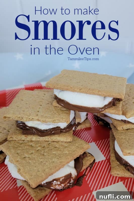 How to make smores in the oven text over a plate with oven smores