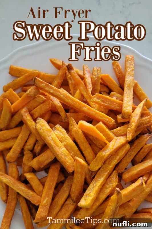 Air Fryer Sweet Potato Fries text over a white plate covered in sweet potatoes