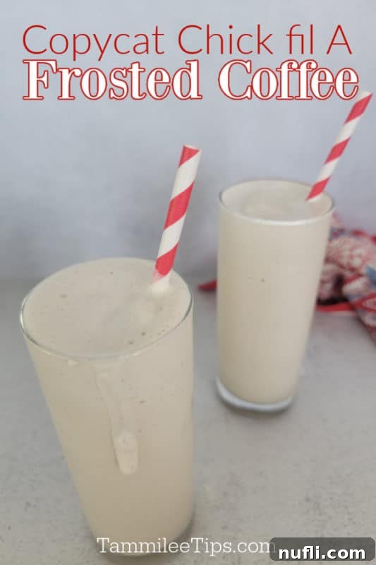 Copycat chick fil a frosted coffee above two tall glasses filled with coffee and red and white paper straws