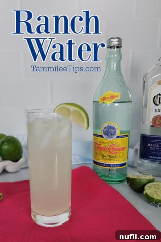 Ranch Water text in blue printed over a glass of Ranch Water Drink with a lime wedge on a red napkin, bottle of Topo Chico behind the glass