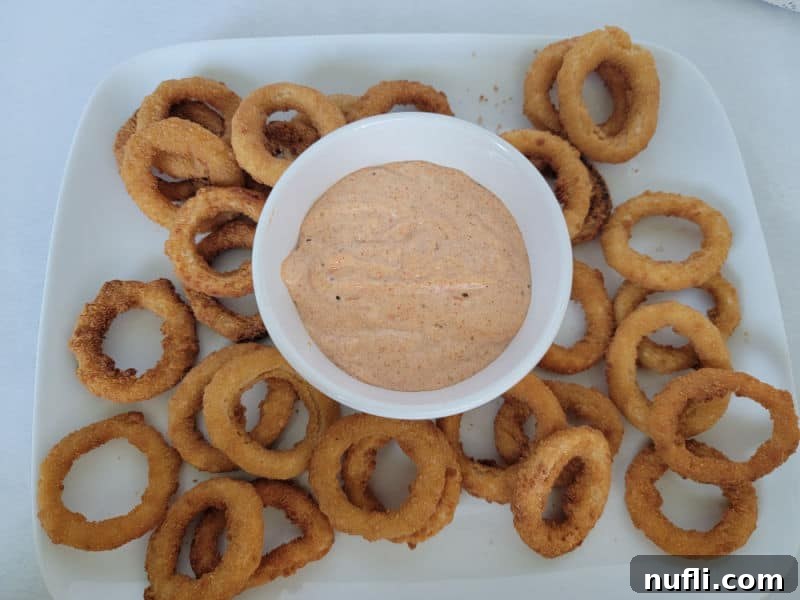 a plate with onion rings and dipping sauce in a bowl 