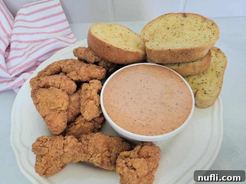 a white bowl filled with raising canes sauce on a white plate with garlic bread, and chicken pieces 