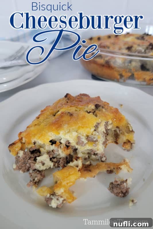 Bisquick Cheeseburger Pie text over a slice of impossible cheeseburger pie on a white plate