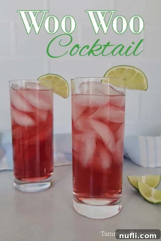 Effortless 3-Ingredient Woo Woo Cocktail 2 Woo Woo Cocktail text over two glasses with woo woo drink garnished with lime wedges