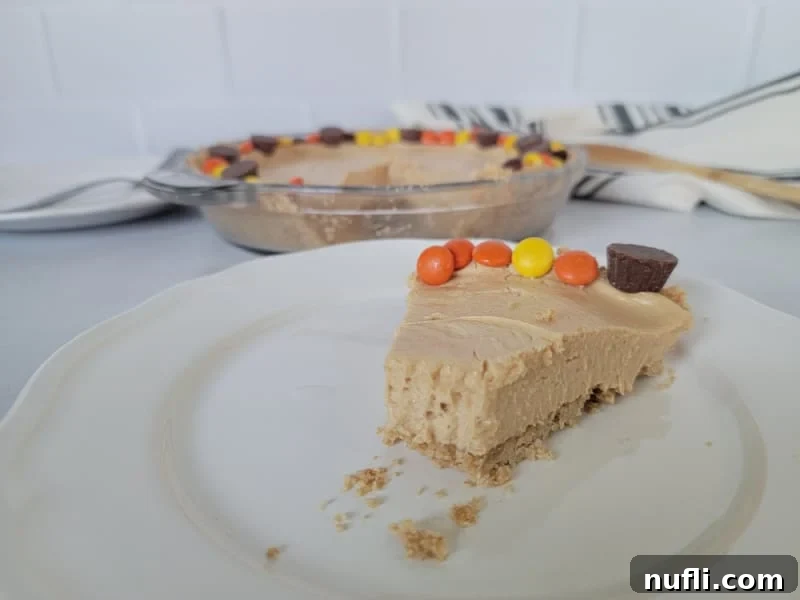 Slice of peanut butter pie on a white plate with the baking dish behind it