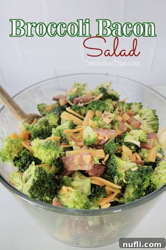 Loaded Broccoli Bacon Salad 2 Broccoli Bacon Salad over a glass salad dish filled with broccoli salad and a wooden spoon