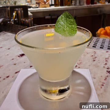 Alchemy Bar's Revved-Up Mojito Martini Elixir 5 Alchemy Bar Revved Up Mojito Martini on a white napkin with mint leave garnish