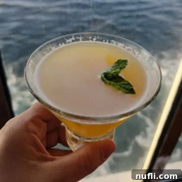 Sweet Heat Chipotle Pineapple Martini 5 Spicy Chipotle martini in a stemless martini glass with ocean water in the background