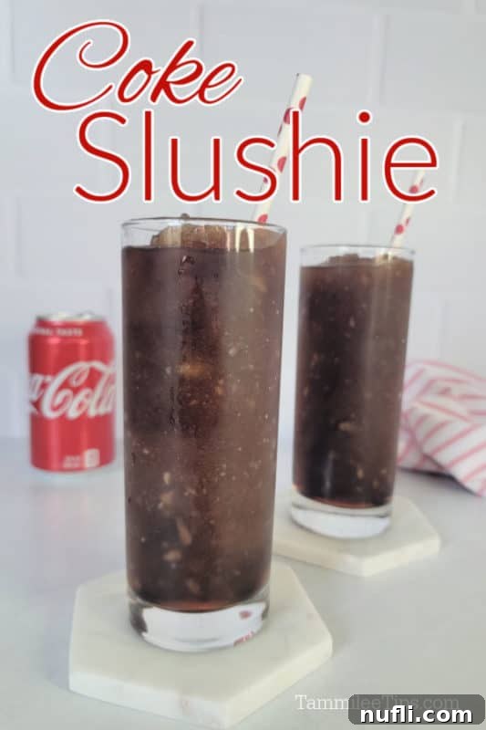 Coke Slushie text over two tall glasses on white coasters with a can of Coca Cola in the background