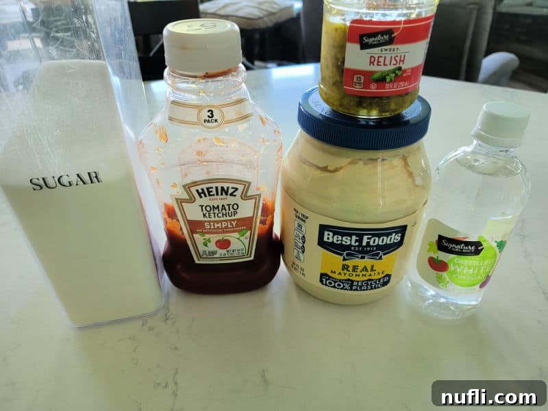 In n Out Burger spread ingredients laid out: sugar, ketchup, sweet relish, mayonnaise, and white vinegar