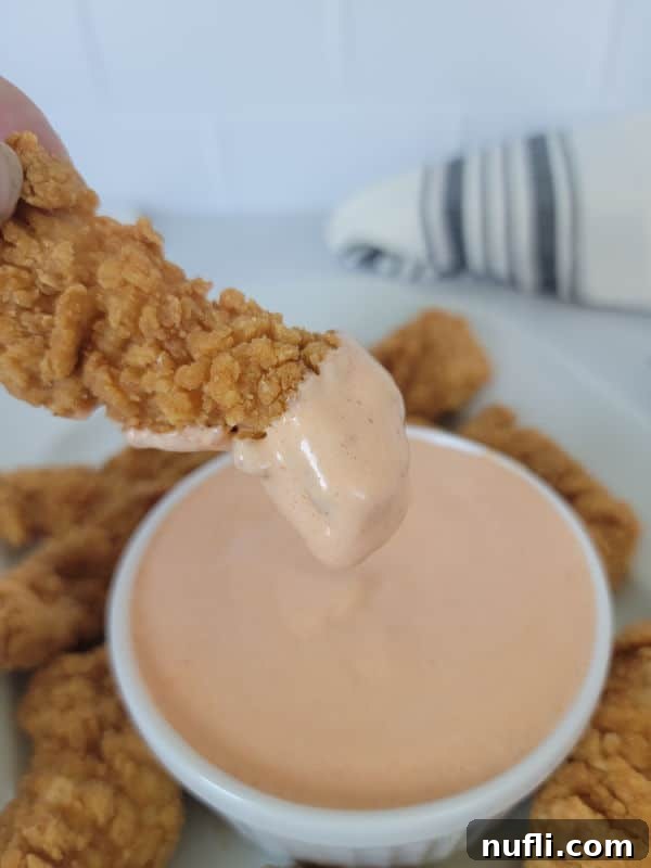 Homemade Japanese Spicy Mayo 6 Chicken tender dipping into a white bowl filled with a mayo substance.