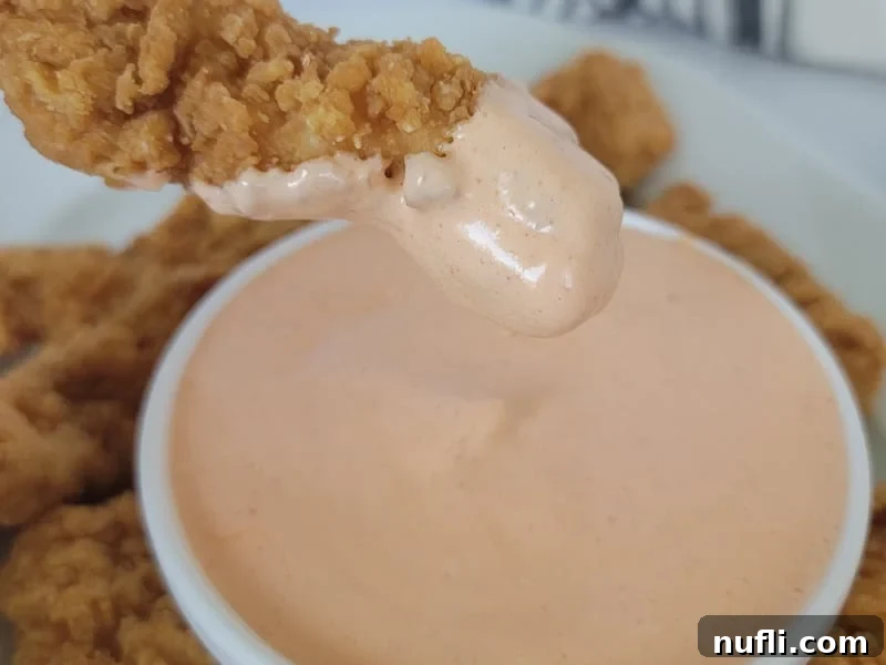 Homemade Japanese Spicy Mayo 7 Chicken finger coated in pink mayo over a white bowl and other chicken fingers.