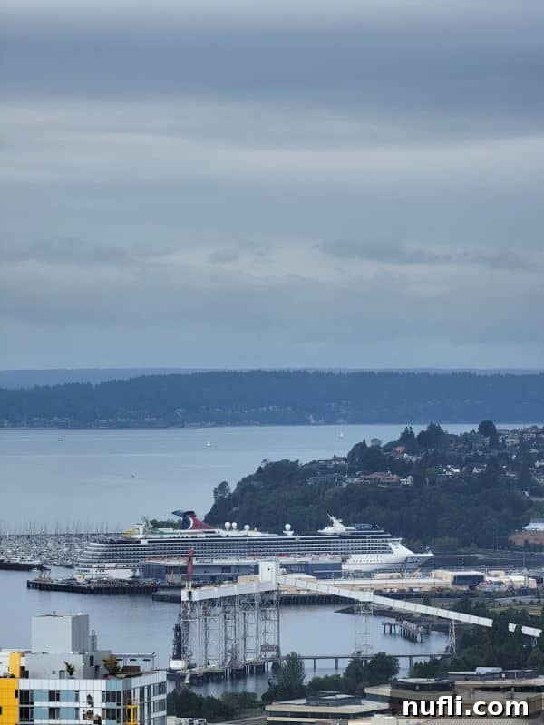 Carnival cruise ship in port in seattle on a grew day with hills and houses nearby