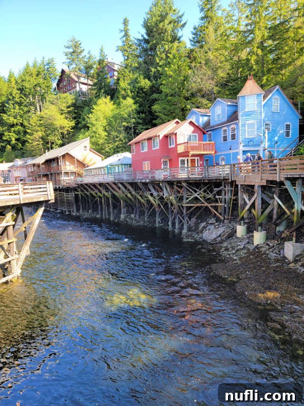 Houses on stilts above a creek in Ketchikan. 