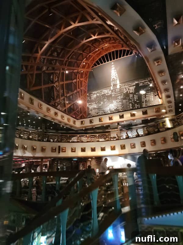 New York skyline photograph above a restaurant and inside of the Carnival funnel 
