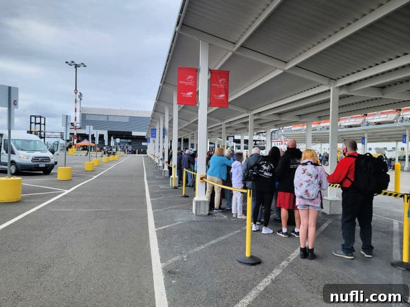 people lined up under a cover to board a cruise ship with the cruise ship to the right side