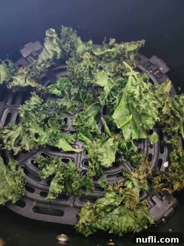 Crispy kale chips inside an air fryer basket after cooking.