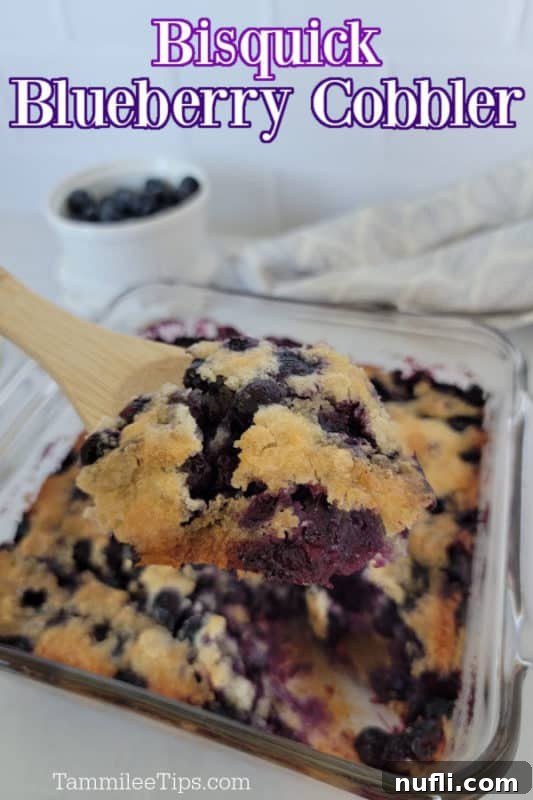 Bisquick Blueberry Cobbler text over a glass baking dish with cobbler and a wooden spoon, bowl of blueberries in the background 