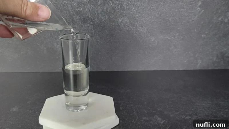 Brain Hemorrhage Shot Video Recipe 4 A clear liquid, peach schnapps, being poured into a shot glass, establishing the base layer for the Brain Hemorrhage Shot.