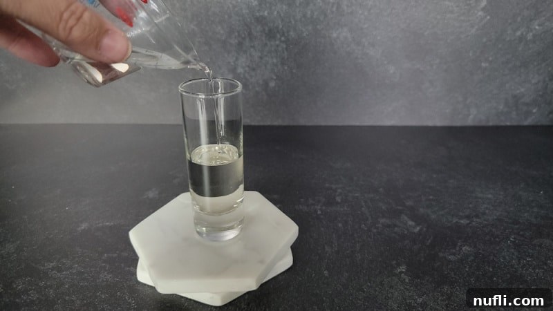 Clear liquid pouring into a shot glass on a marble coaster 