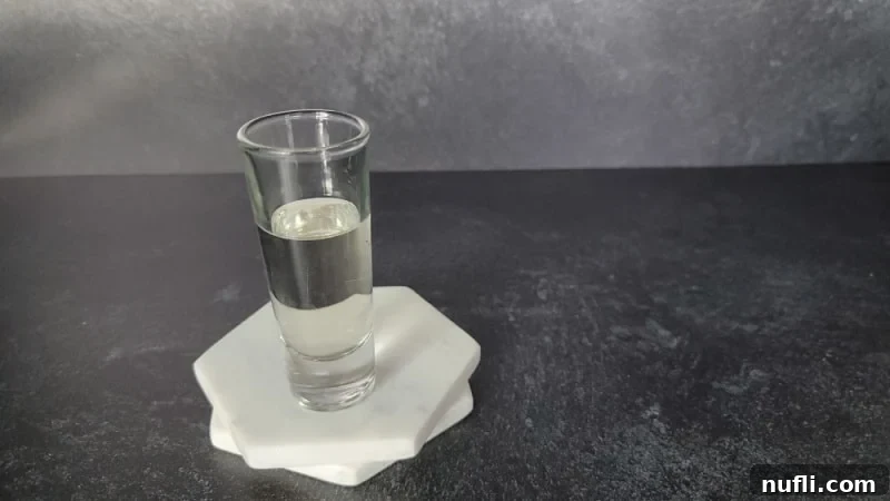 Clear liquid in a shot glass on two marble coasters