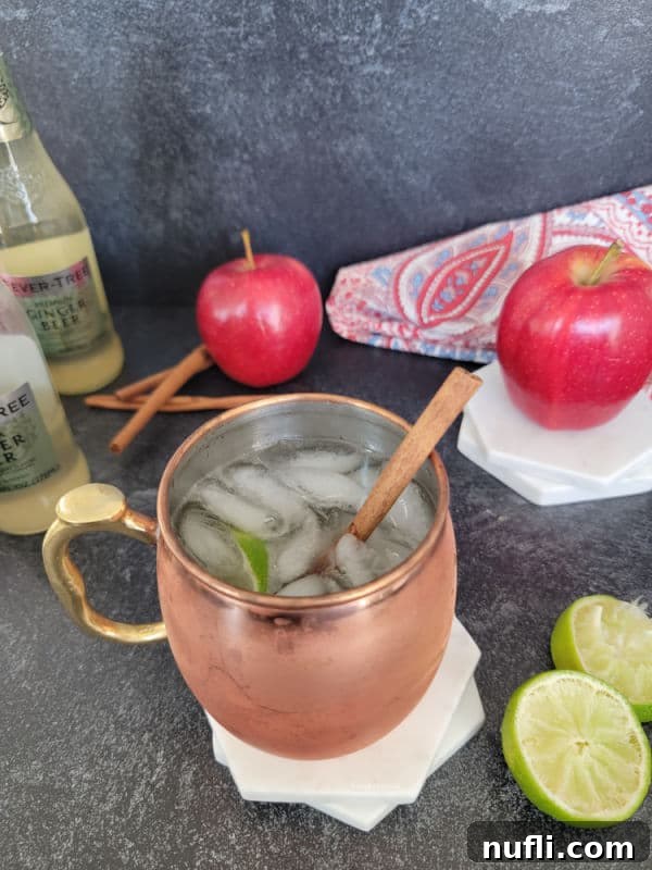 Apple Cider Mule Cocktail 7 Copper mule mug with ice, lime, and cinnamon stick next to ginger beer, apples, cinnamon sticks, and lime wheels