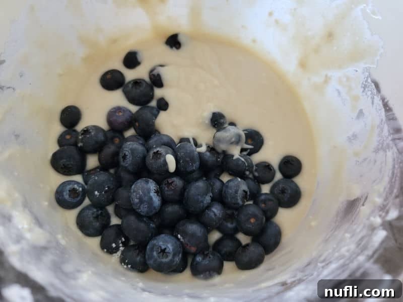 Fresh blueberries being gently folded into the muffin batter in a glass bowl