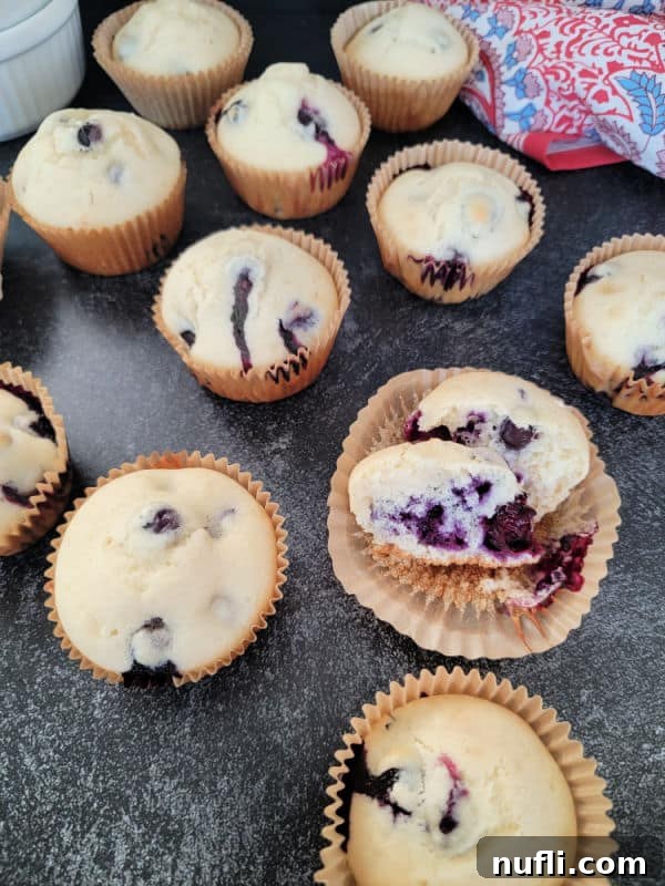 Close-up of baked blueberry muffins in paper liners on a dark counter