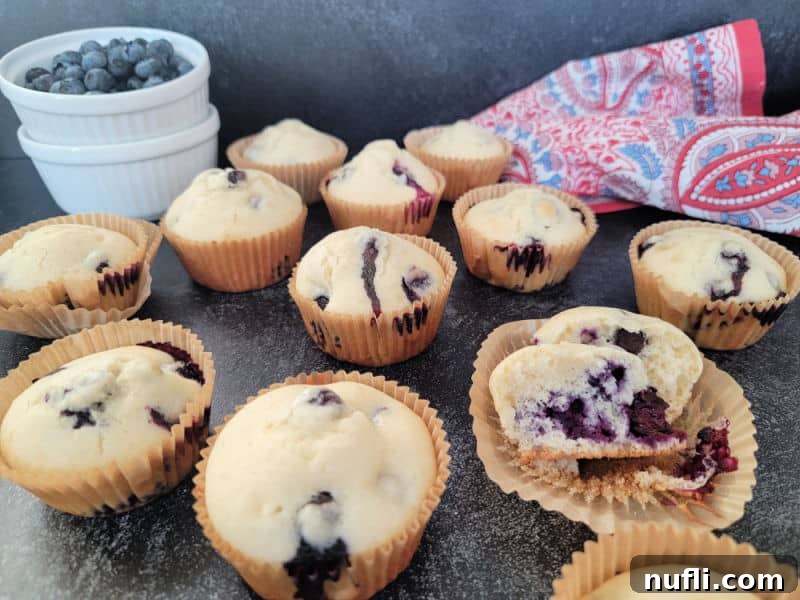 Two baked blueberry muffins on a dark counter next to a white bowl with fresh blueberries and a cloth napkin