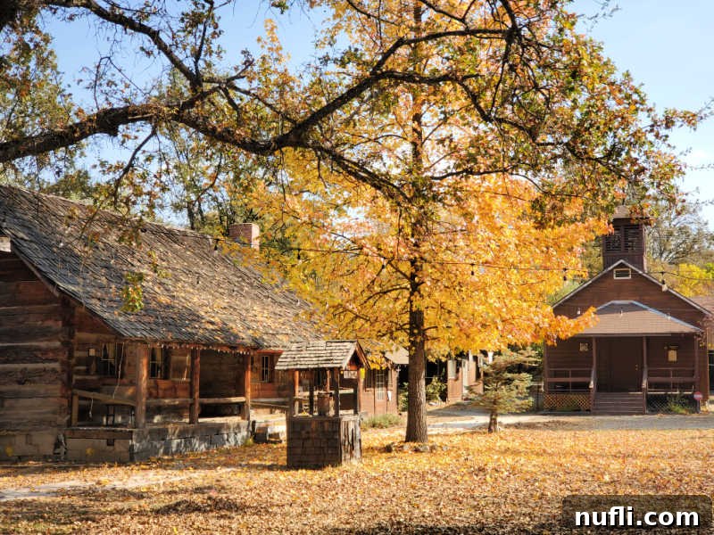 Fall leaves on the tree and ground near historic wooden buildings