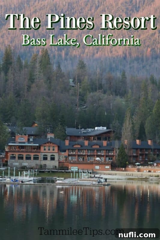 The Pines Resort Bass Lake over a large building on the water with a marina surrounded by trees