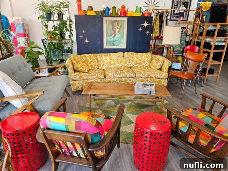 yellow couch below a painting of a women surrounded by other couches and chairs and vintage cookware