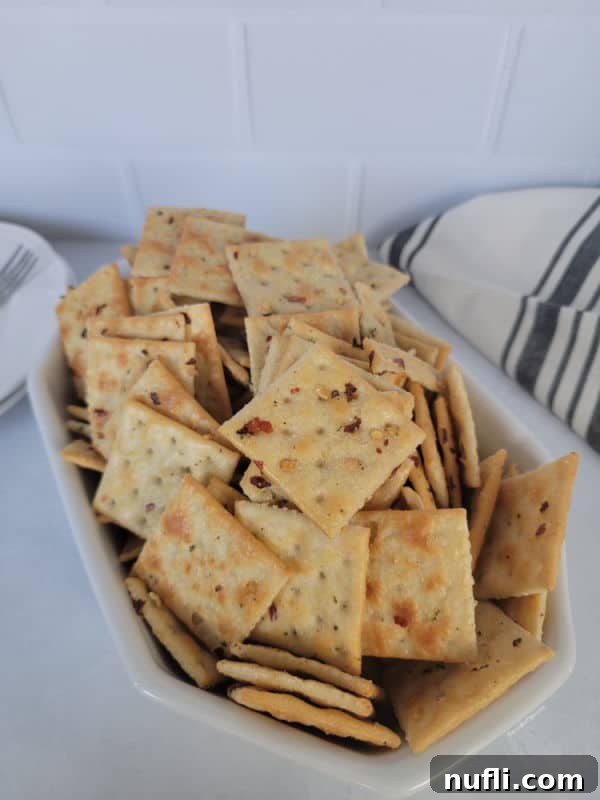A festive arrangement of Alabama Fire Crackers in a white bowl, accompanied by a folded cloth towel and stacked plates, suggesting a serving occasion.
