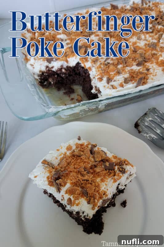 Butterfinger poke cake text over a plate with Butterfinger cake