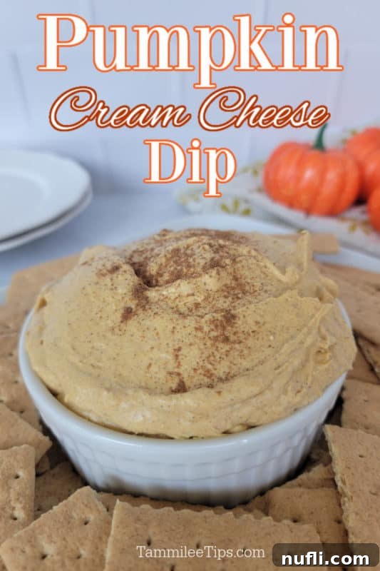 A beautifully presented Pumpkin Cream Cheese Dip in a white bowl, garnished with a sprinkle of cinnamon and surrounded by a variety of dippers, suggesting its rich, whipped texture and inviting autumnal appeal.