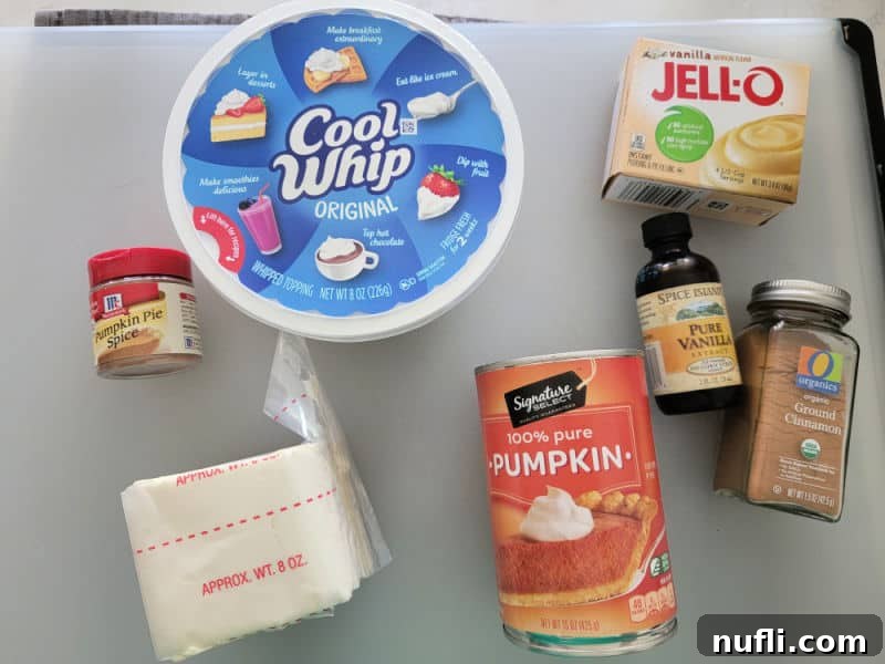 A close-up shot of the ingredients for Pumpkin Cream Cheese Dip laid out: a block of cream cheese, a can of pumpkin puree, a container of cool whip, a box of instant vanilla pudding, vanilla extract, ground cinnamon, and pumpkin pie spice.