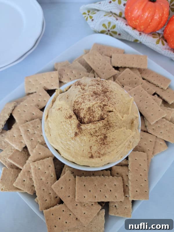A final presentation of Pumpkin Cream Cheese Dip, garnished with a dusting of ground cinnamon in a white bowl, elegantly surrounded by a selection of graham crackers, ready to be enjoyed.