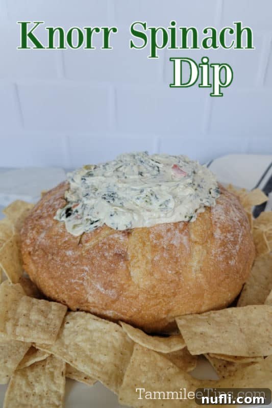 Knorr Spinach Dip Effortless Entertaining 2 Knorr Spinach Dip served elegantly in a hollowed-out bread bowl, surrounded by a generous scattering of crispy tortilla chips, creating an inviting centerpiece for any gathering.