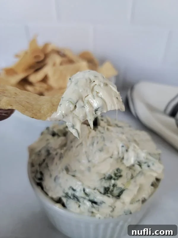 Knorr Spinach Dip Effortless Entertaining 4 A close-up shot capturing a crispy tortilla chip generously loaded with creamy Knorr Spinach Dip, poised above a rustic bowl brimming with the delicious appetizer.