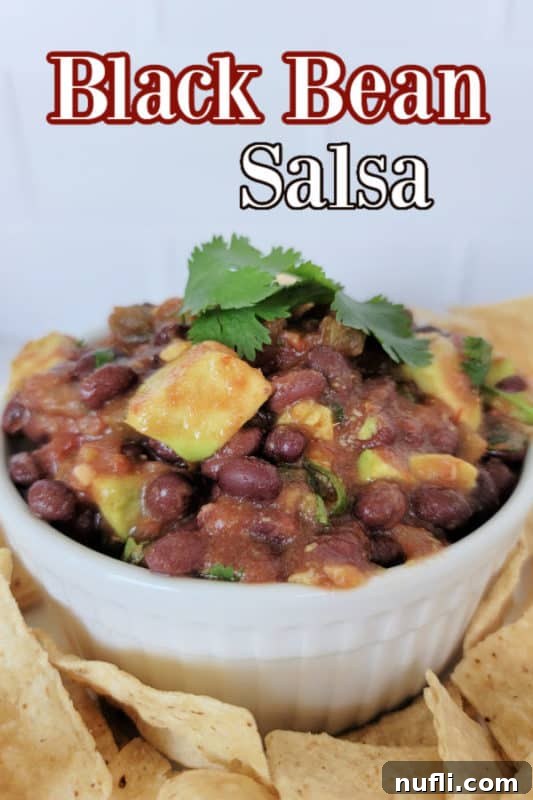 A beautifully presented bowl of homemade black bean salsa, garnished with fresh cilantro and surrounded by crisp tortilla chips, ready for dipping.