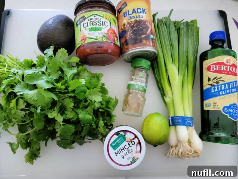 A vibrant collection of fresh black bean salsa ingredients laid out: ripe avocado, red salsa, canned black beans, fresh cilantro, minced garlic, ground cumin, and a drizzle of olive oil.
