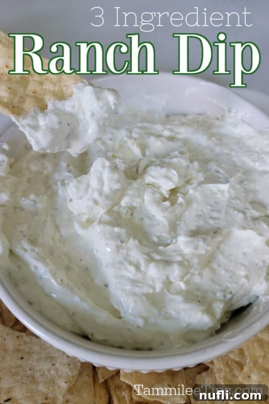 Simple 3-Ingredient Creamy Hidden Valley Ranch Dip 2 3 Ingredient Ranch Dip text over a white bowl with a tortilla chip dipping into it
