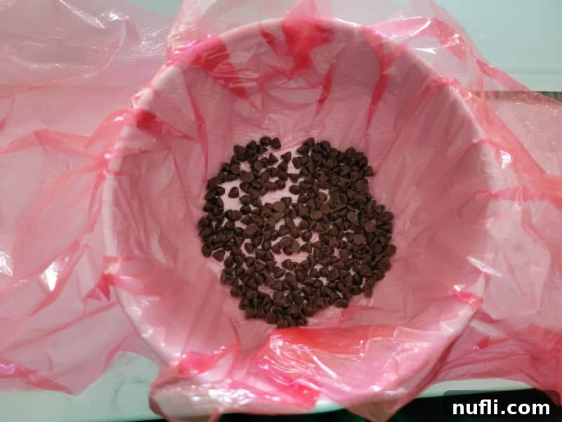 red saran bowl in a small bowl with mini chocolate chips for chocolate chip cheese ball