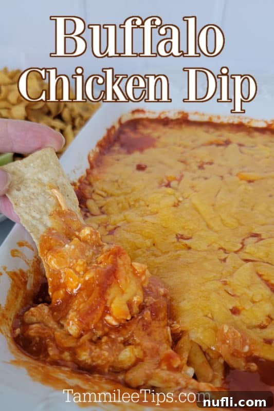 Buffalo Chicken Dip in a white casserole dish with a chip dipping into the buffalo chicken dip