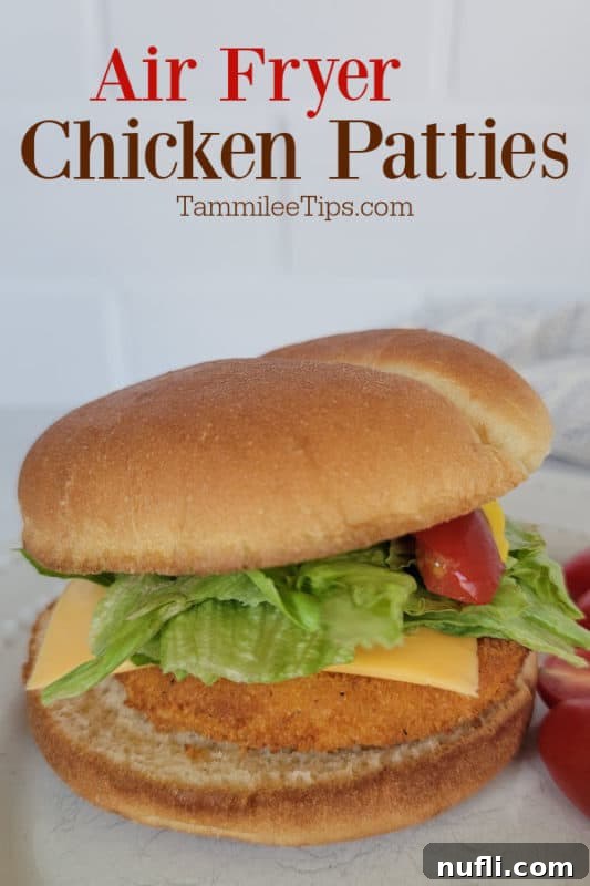 Air Fryer Chicken Patties above a chicken sandwich with lettuce, tomato, and cheese